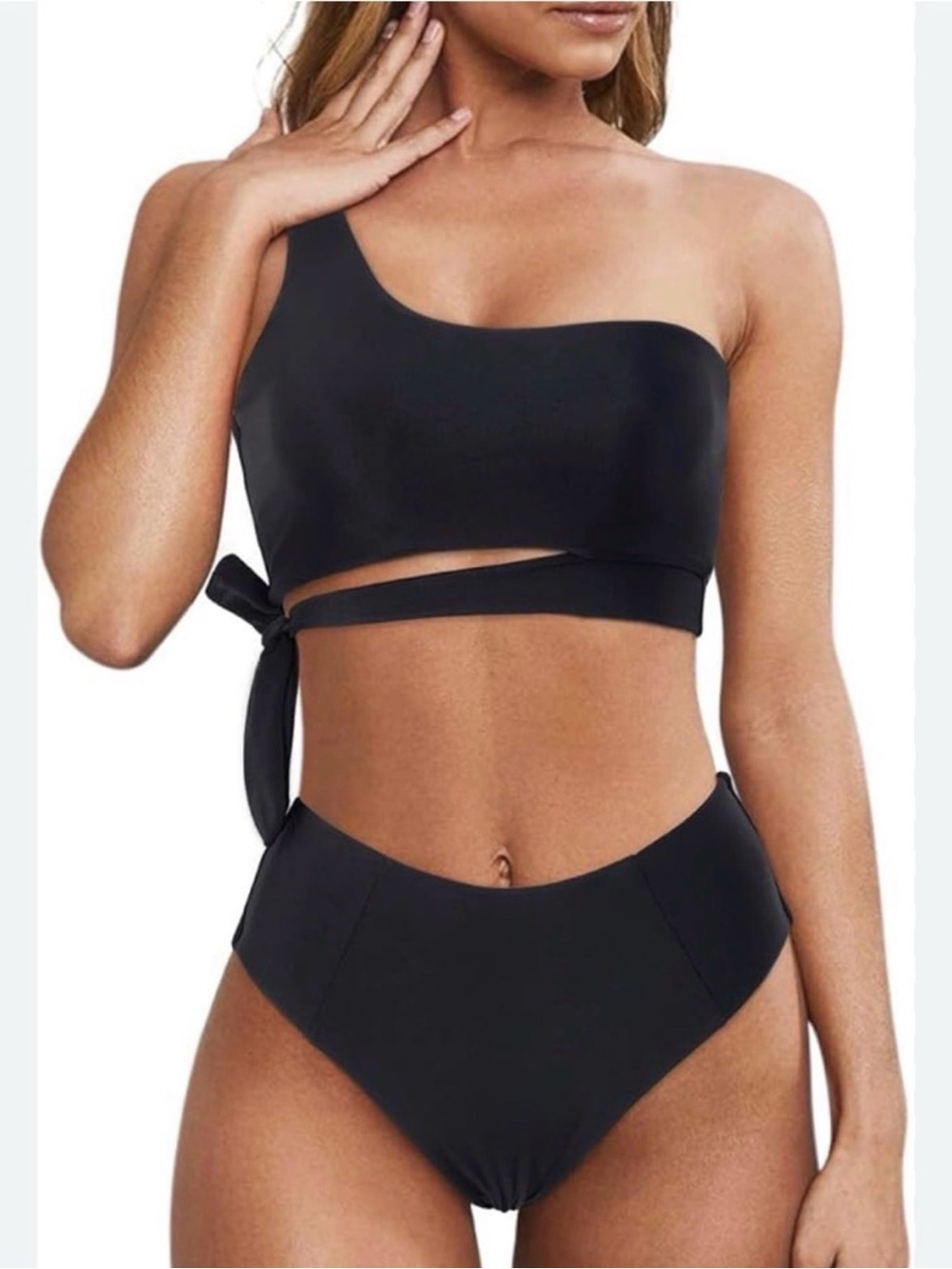 Bikini Black One Shoulder Wrap Set - High Waisted / High Cut, Swim Medium